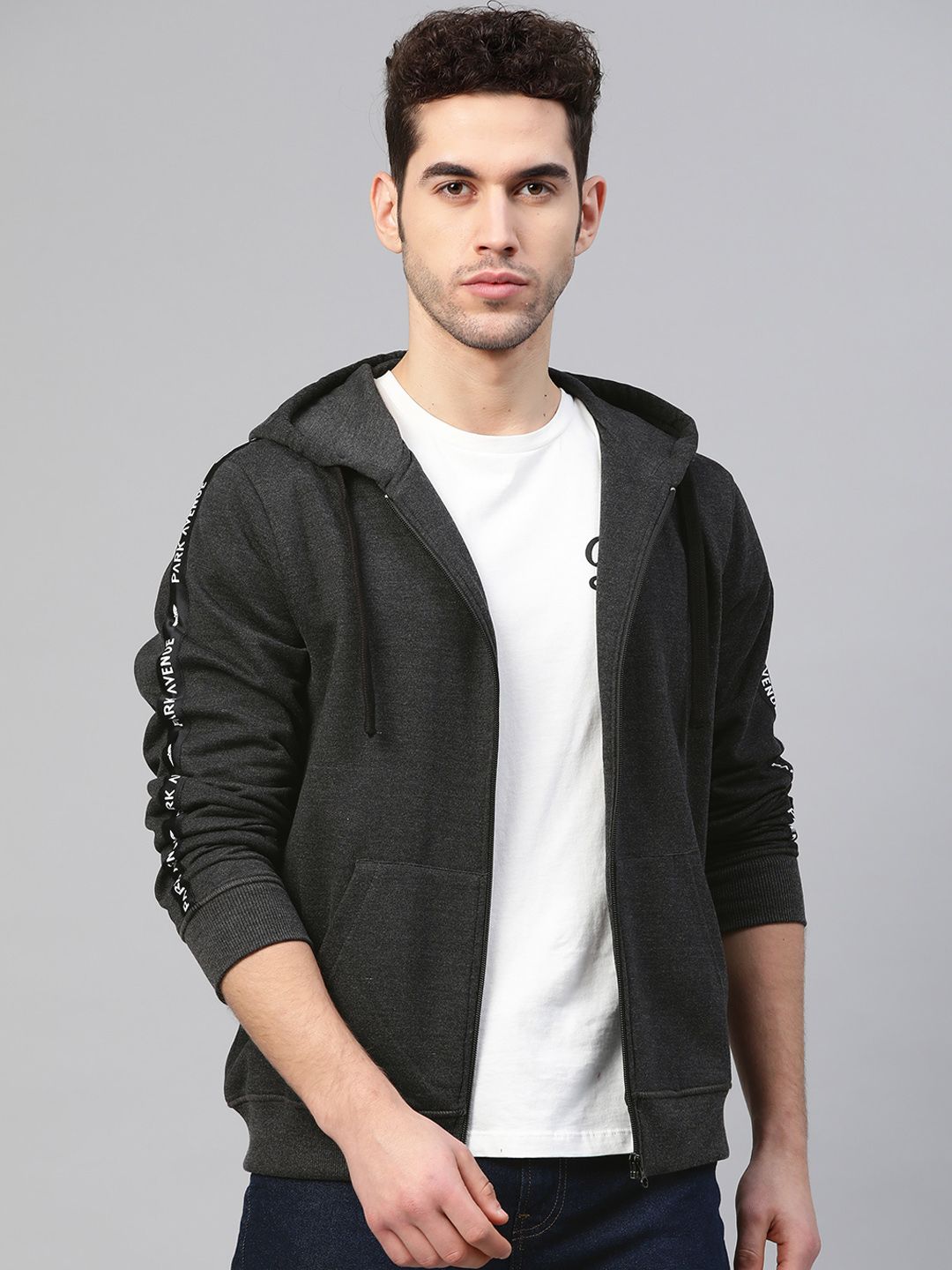 Park Avenue Men Charcoal Grey Solid Hooded Sweatshirt