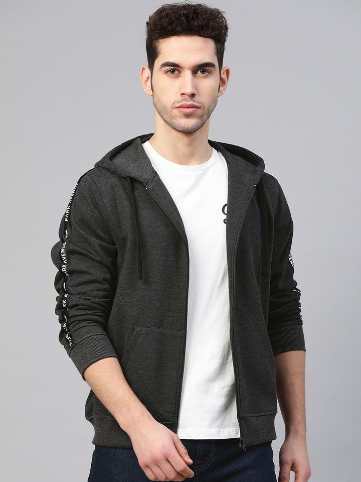 Park Avenue Men Charcoal Grey Solid Hooded Sweatshirt