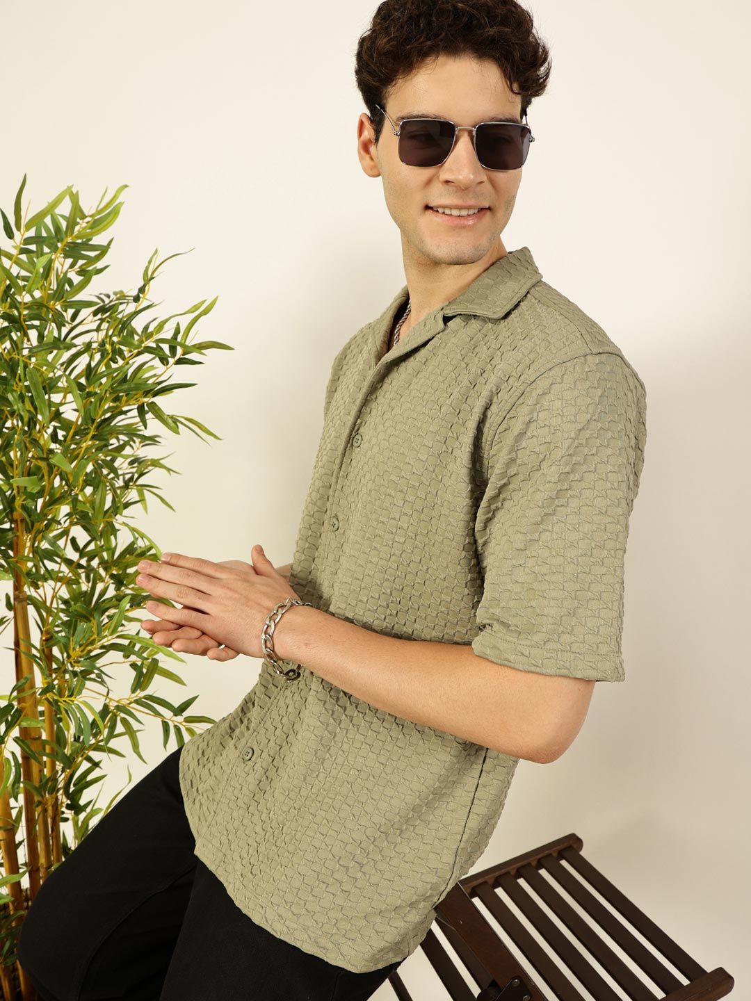 Thomas Scott Men Premium Cuban Collar Textured Solid Cotton Relaxed Fit Casual Shirt
