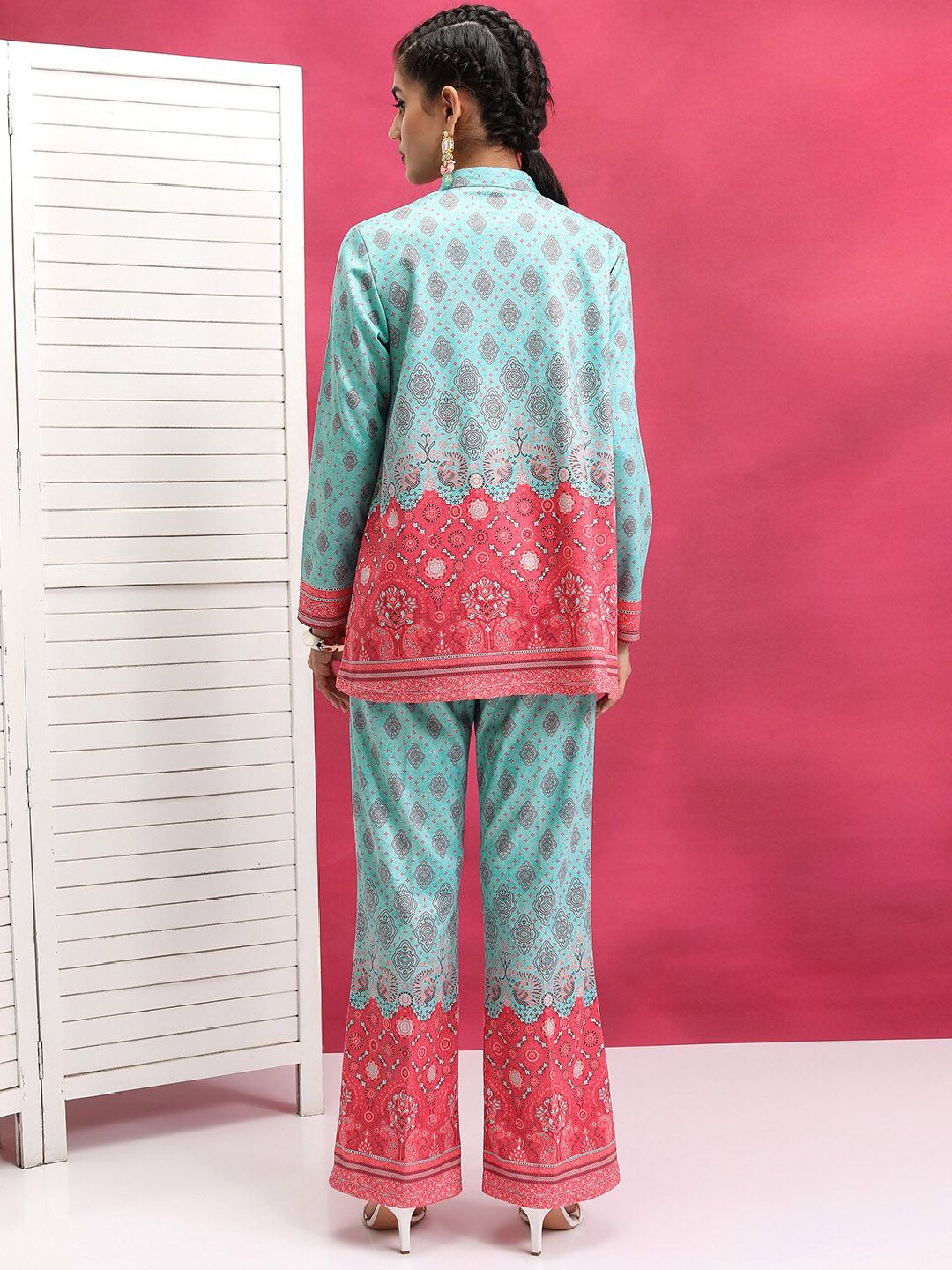 Vishudh Turquoise Blue Printed Mandarin Collar Shirt With Trouser