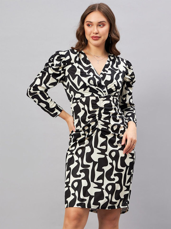 Antheaa Black & Off White Abstract Printed V-Neck Gathered Sheath Dress