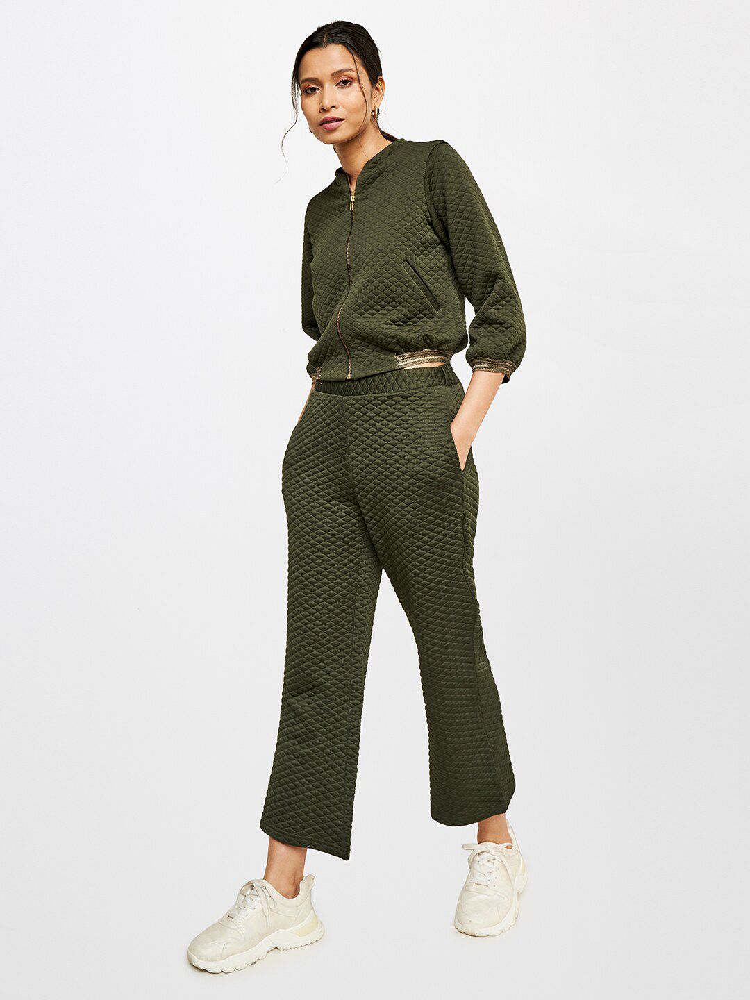 AND Women Olive Green Self Design Co-ords