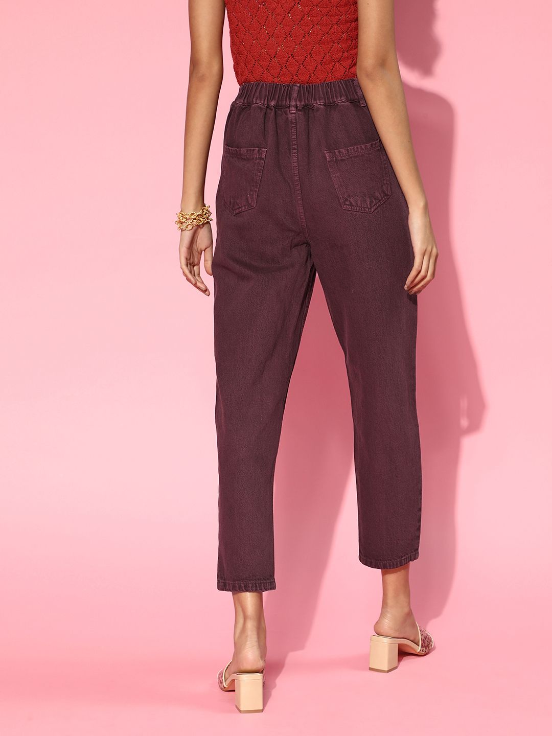 SASSAFRAS Women Deep Burgundy High-Rise Mom Fit Cropped Jeans