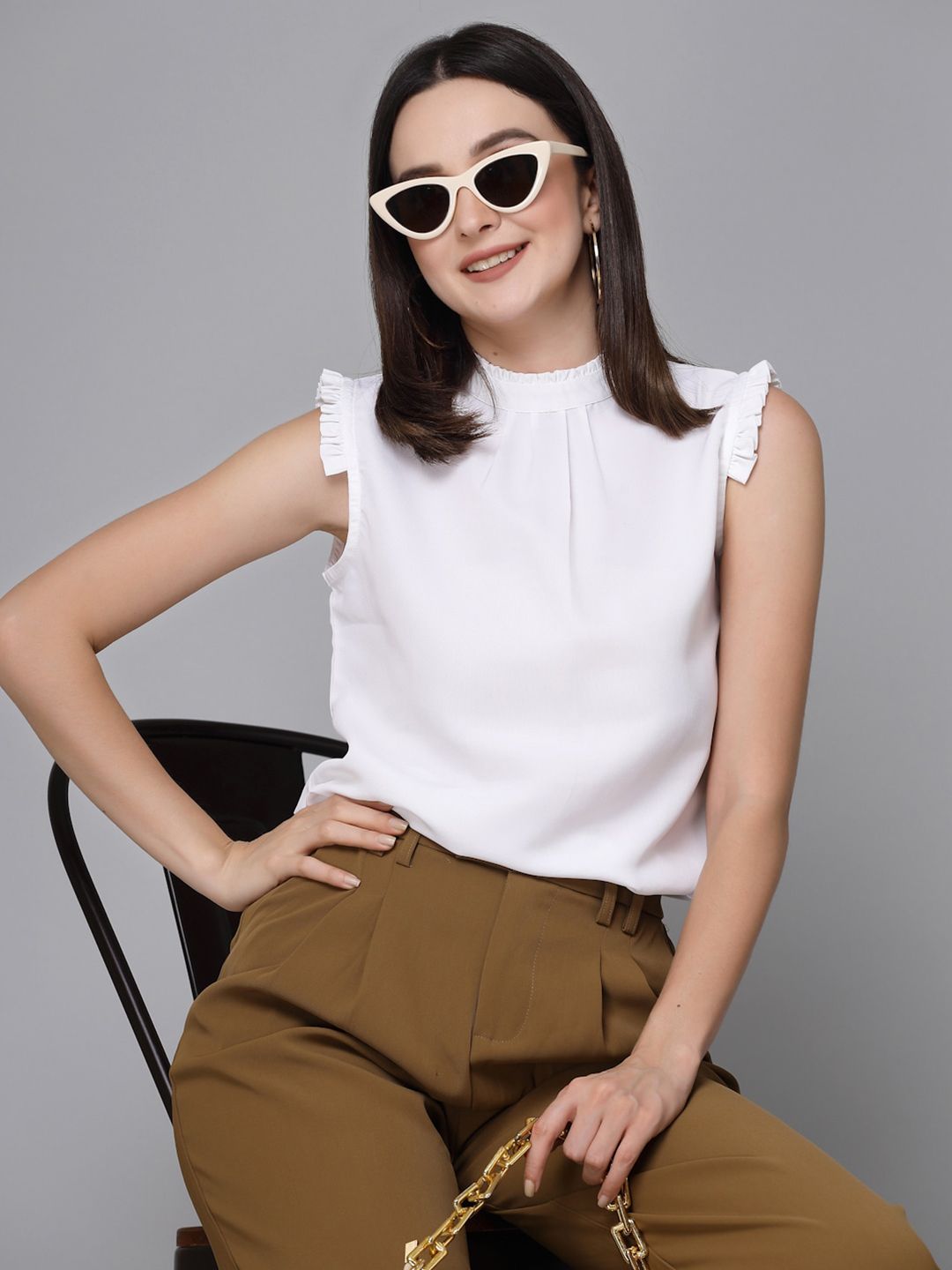 Style Quotient White Mock Neck Ruffled Crepe Top