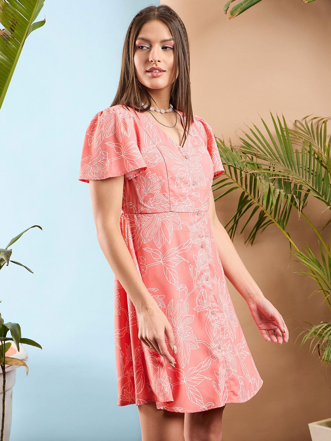 SASSAFRAS Floral Printed V Neck Flared Sleeves A-Line Dress