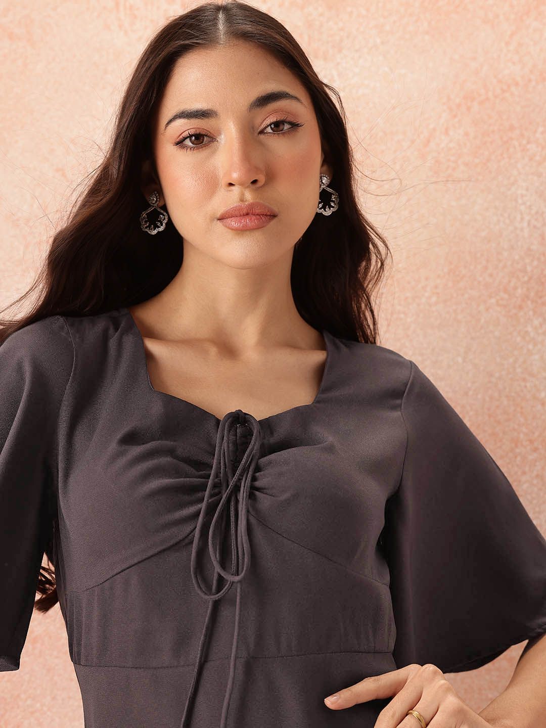 all about you Lace Up Detail Flared Sleeve A-Line Dress