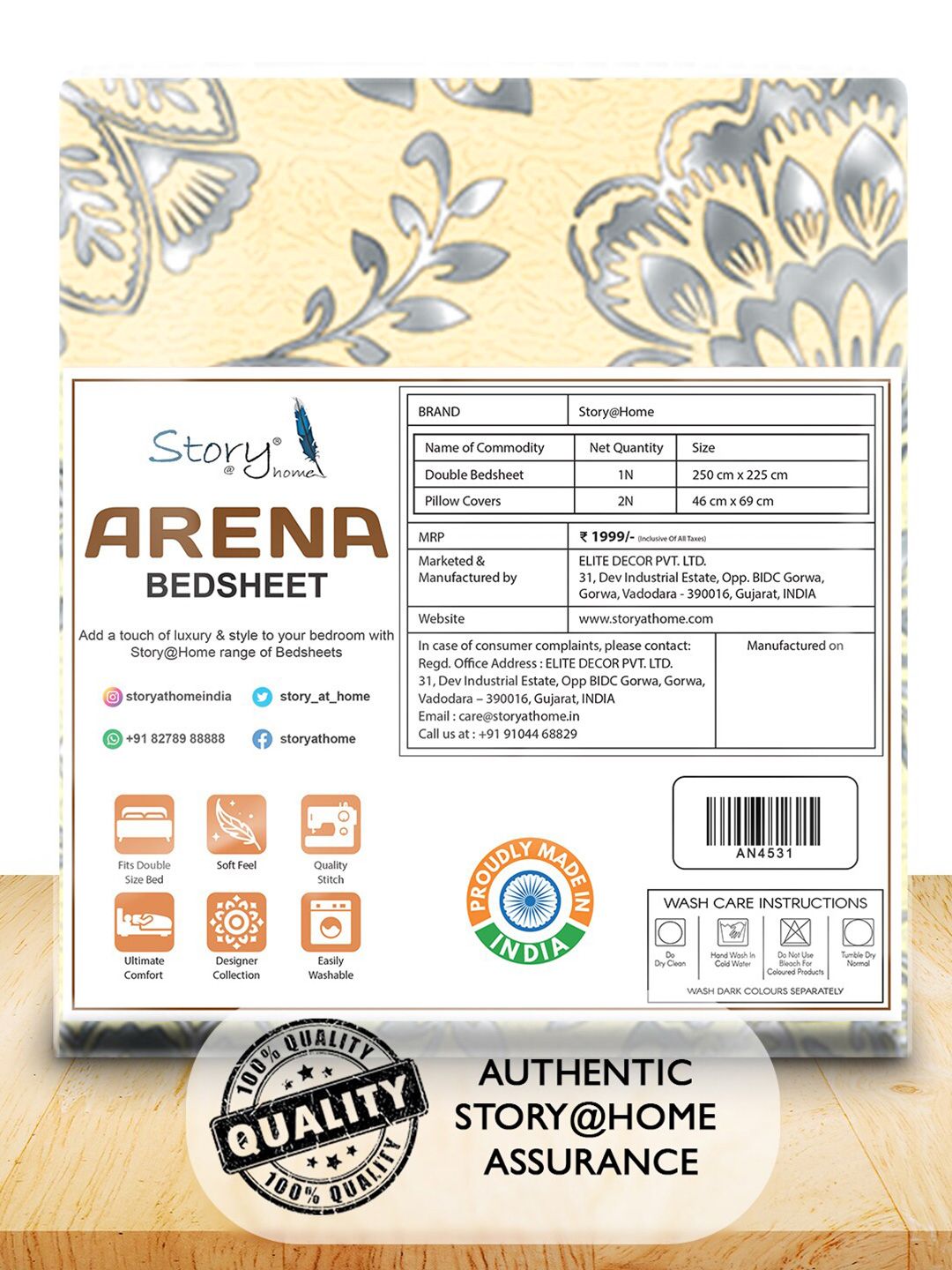 Story@home Cream & Grey Floral 180 TC Queen Bedsheet with 2 Pillow Covers