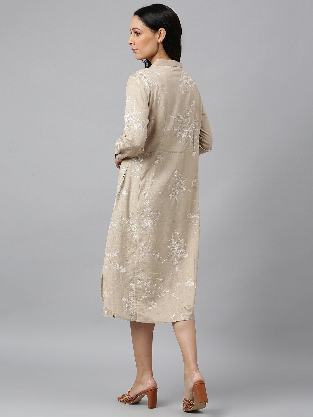 W Brown Floral Shirt Midi Dress