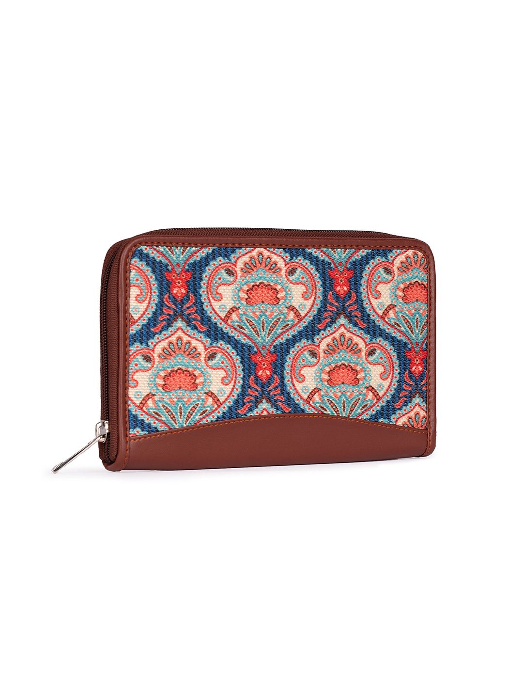 ZOUK Women Blue & Brown Ethnic Motifs Printed Zip Around Wallet