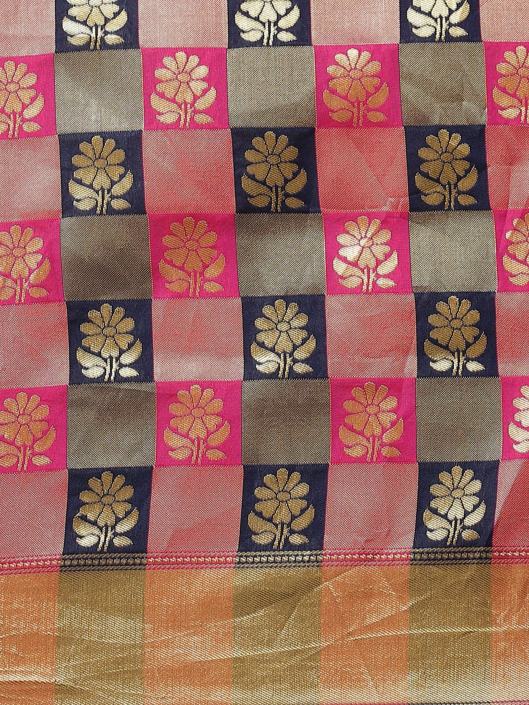 Saree mall Navy Blue & Pink Checked Banarasi Saree