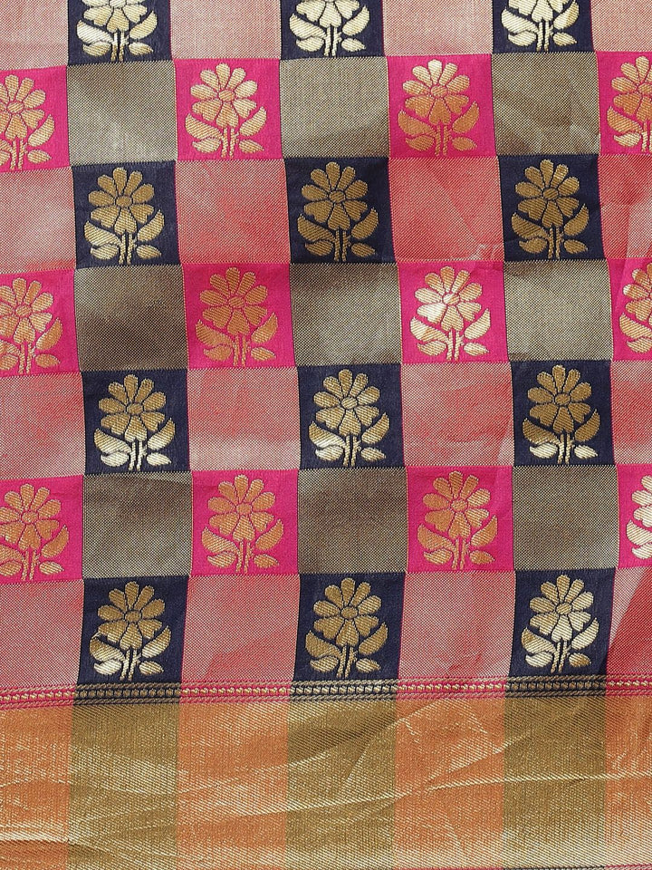 Saree mall Navy Blue & Pink Checked Banarasi Saree