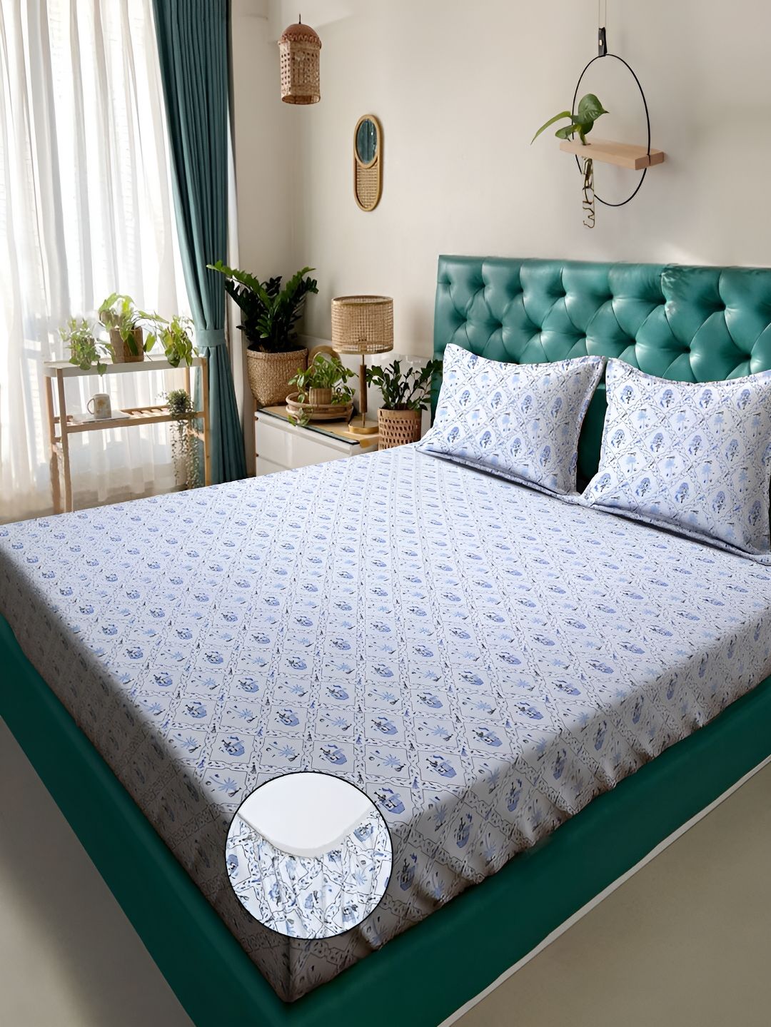 KLOTTHE White Floral Cotton 300 TC Fitted King Fine Bedsheet dengan 2 Sarung Bantal-98 x 89 inci