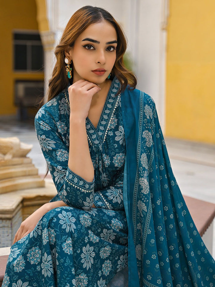 KALINI Floral Printed Pleated Kurta with Trouser & Dupatta