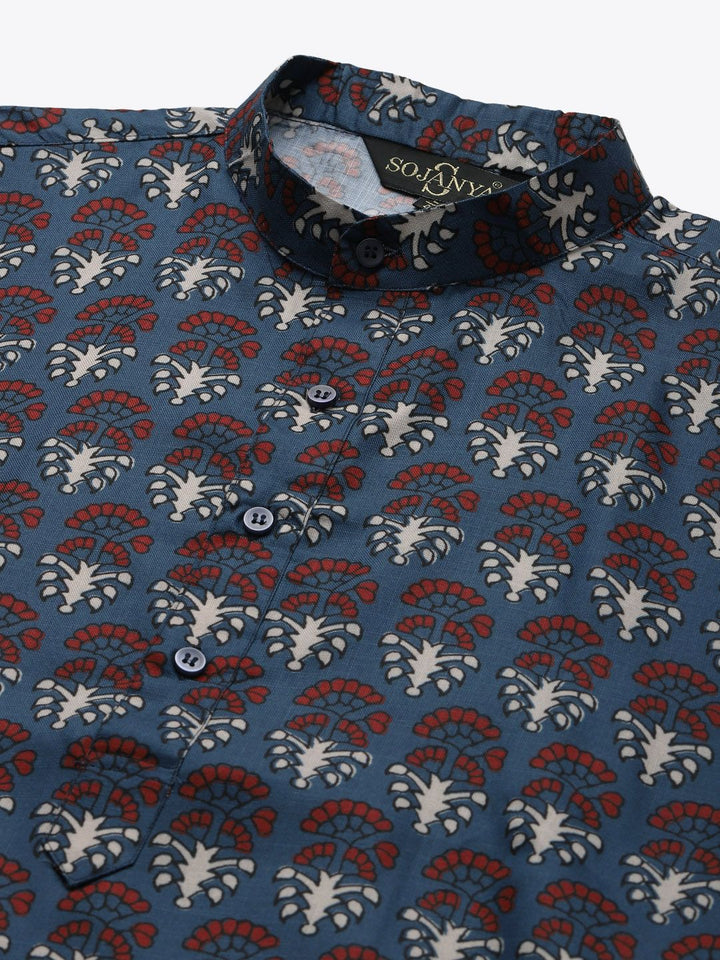 SOJANYA Men Teal Blue & Maroon Ethnic Motifs Printed Cotton Straight Kurta