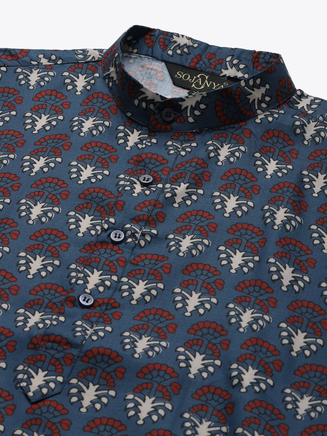 SOJANYA Men Teal Blue & Maroon Ethnic Motifs Printed Cotton Straight Kurta