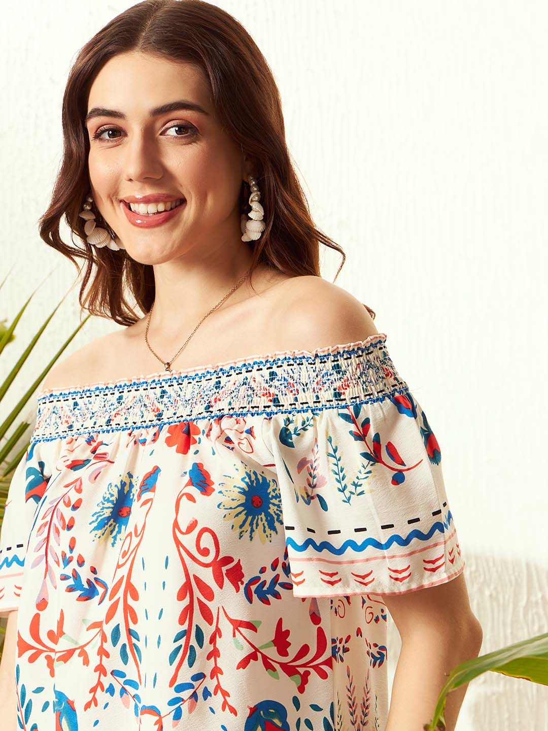 Berrylush White Tribal New Neckline Top