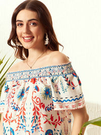 Berrylush White Tribal New Neckline Top