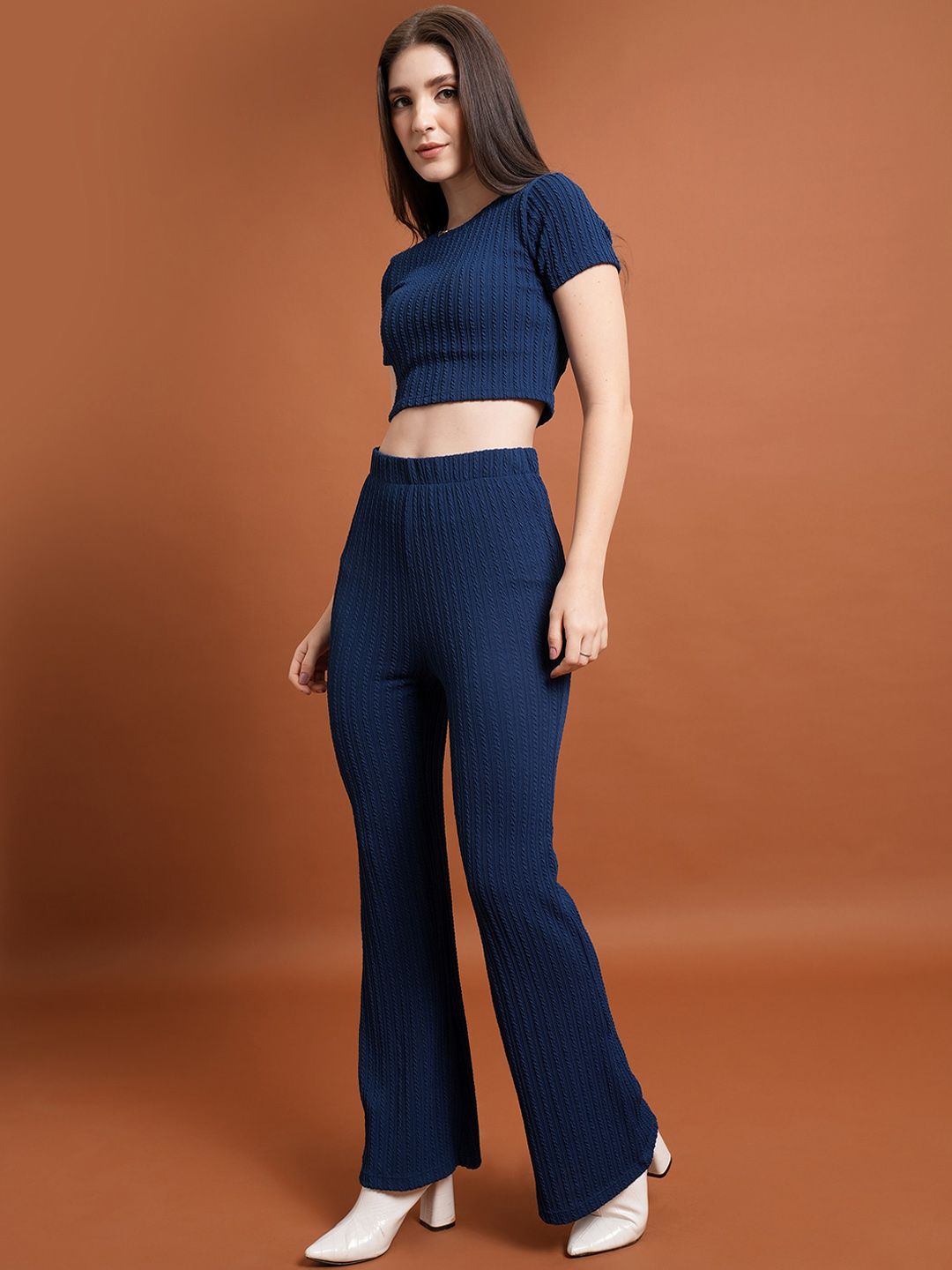 Tokyo Talkies Round Neck Crop Top & Flared Trousers