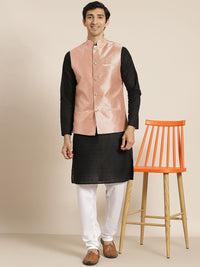SOJANYA Men Black Ethnic Motifs Chikankari Pure Cotton Kurta with Churidar & Nehru Jacket