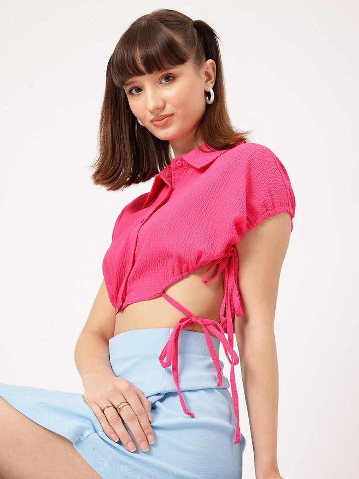 DressBerry Romantic Radiance Seersucker Cut-Out Detail Crop Shirt Style Top