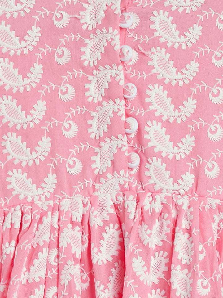VASTRAMAY Girls Pink Ethnic Motifs Embroidered Empire Thread Work Pure Cotton Kurta with Trousers