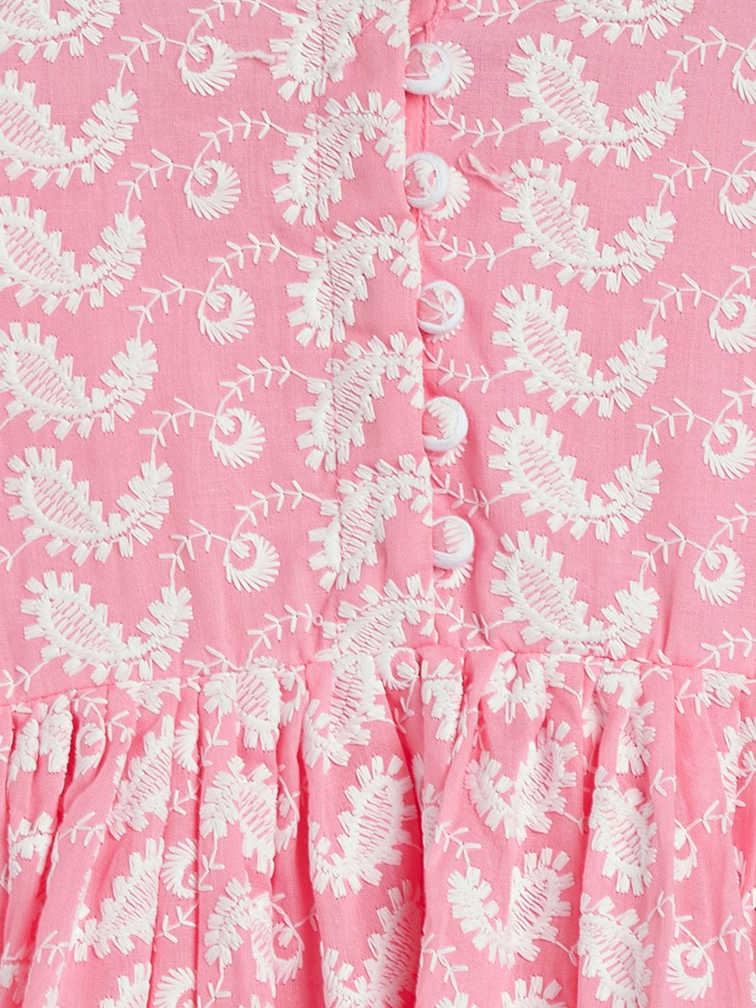VASTRAMAY Girls Pink Ethnic Motifs Embroidered Empire Thread Work Pure Cotton Kurta with Trousers