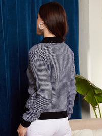 Berrylush Black & White Houndstooth Pattern Contrast Collar Acrylic Pullover Sweater