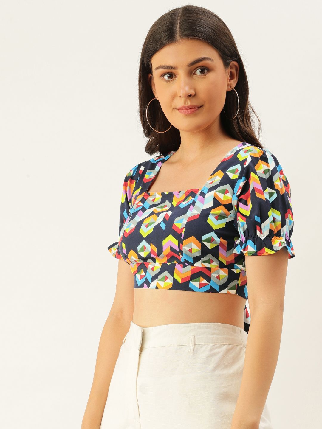 Berrylush Multicoloured Geometric Printed Puff Sleeves Styled Back Crop Top