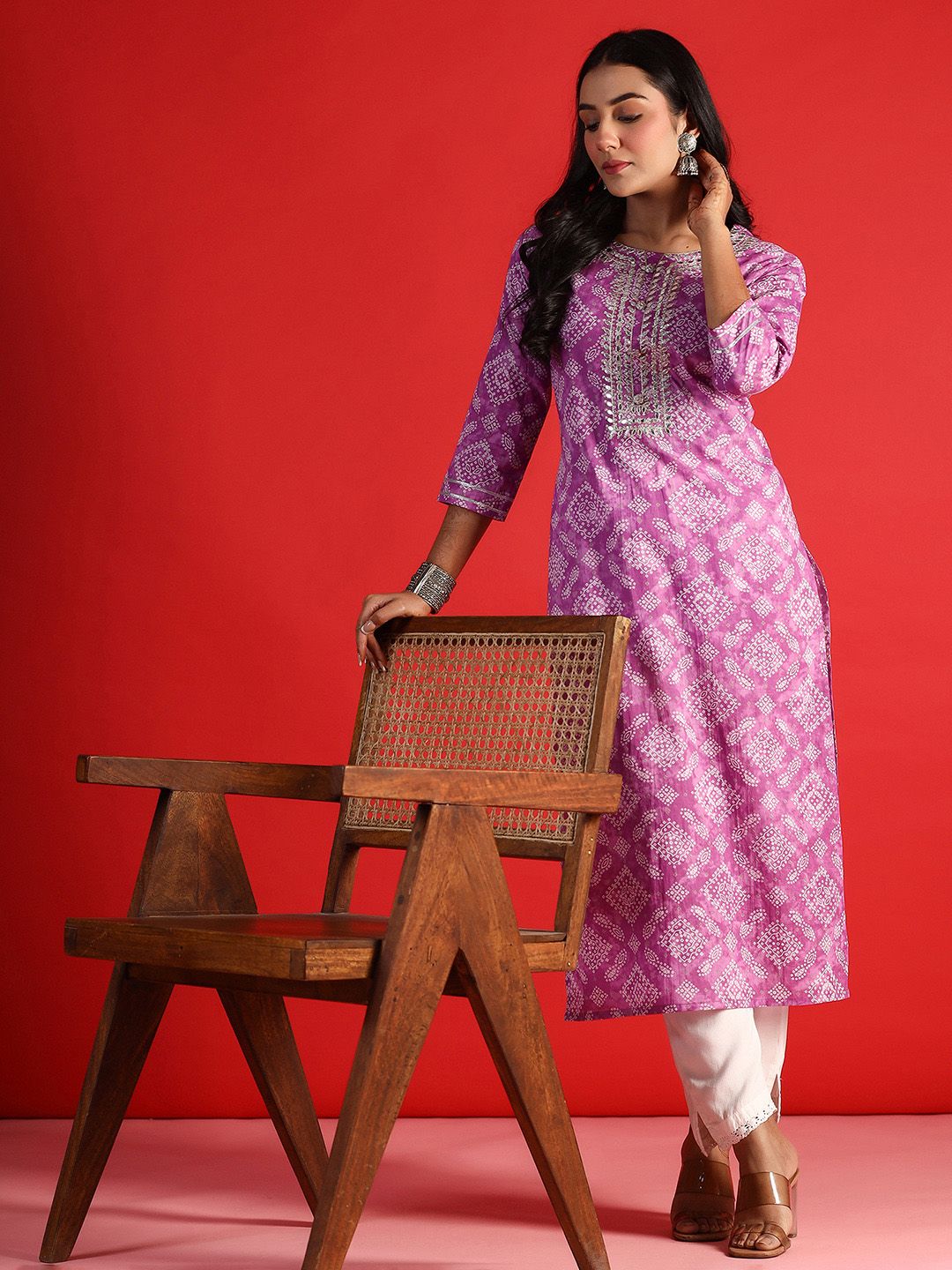 Indo Era Bandhani Printed Round Neck Long Sleeves Straight Cotton Kurta