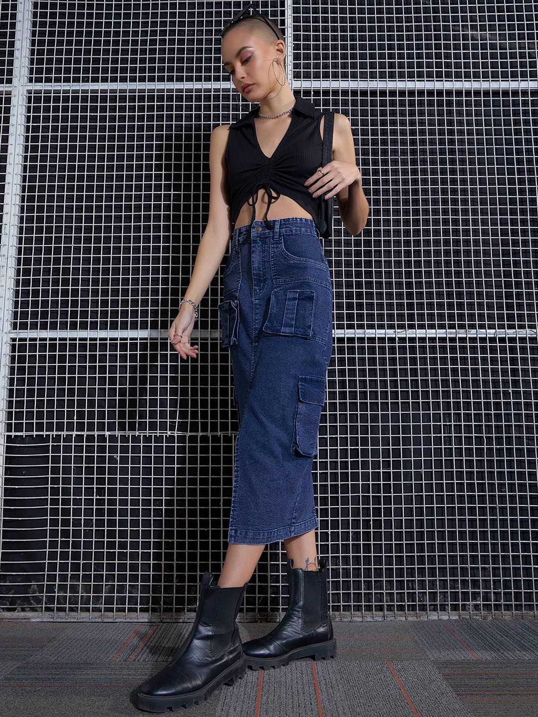 SASSAFRAS Blue Washed Cargo Pencil Midi Denim Skirt