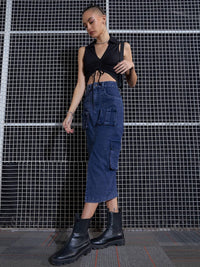 SASSAFRAS Blue Washed Cargo Pencil Midi Denim Skirt