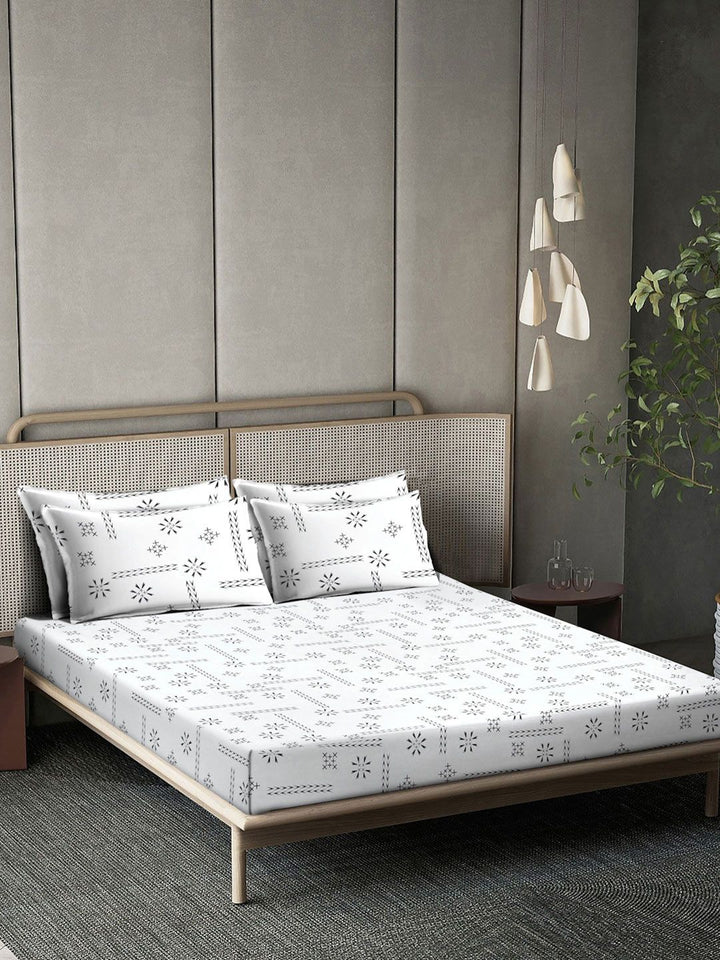 KLOTTHE White Printed Flat 400TC Kapas Tulen Cadar Super King & 4 Sarung Bantal