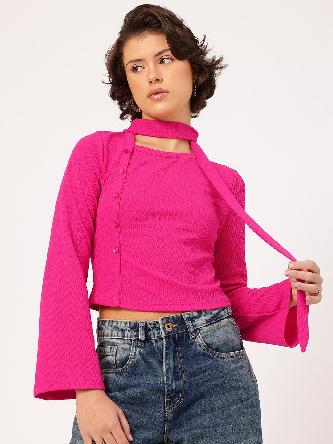 DressBerry Textured Motion Button Detail Scarf Neck Crop Top