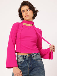 DressBerry Textured Motion Button Detail Scarf Neck Crop Top