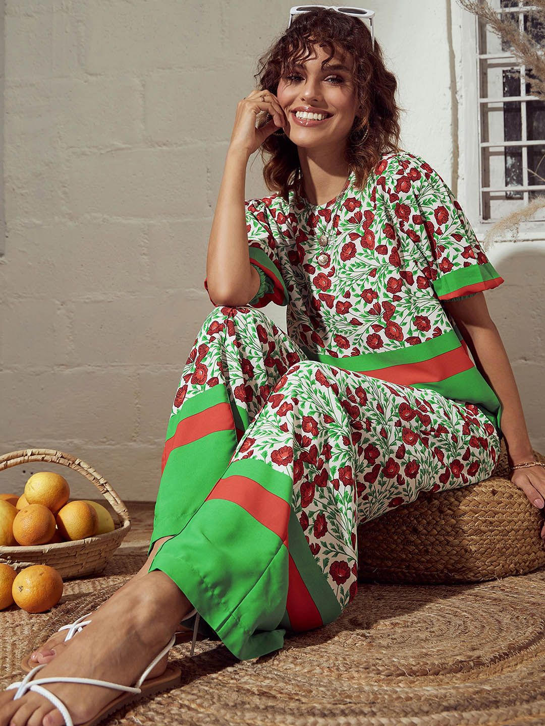 SASSAFRAS Green Floral Printed Round Neck Top With Trousers