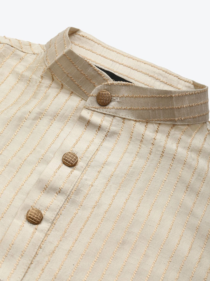 SOJANYA Men Beige Striped Kurta with Pyjamas & Nehru Jacket