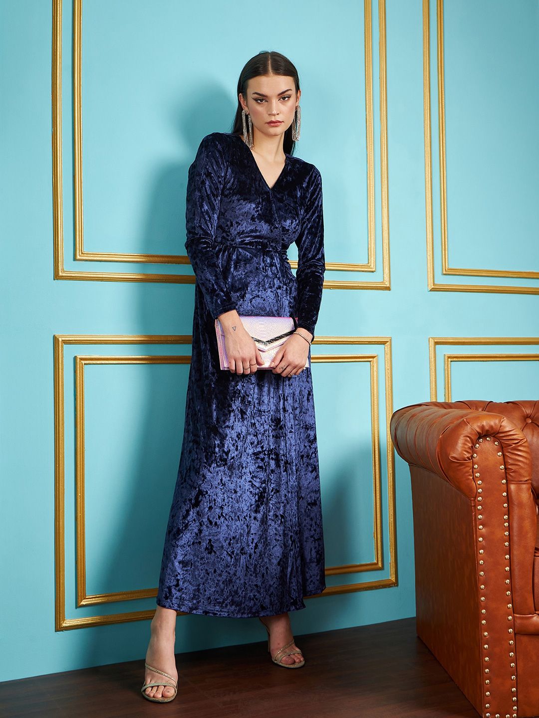 SASSAFRAS Navy Blue Abstract Printed V-Neck Velvet Maxi Party Dress