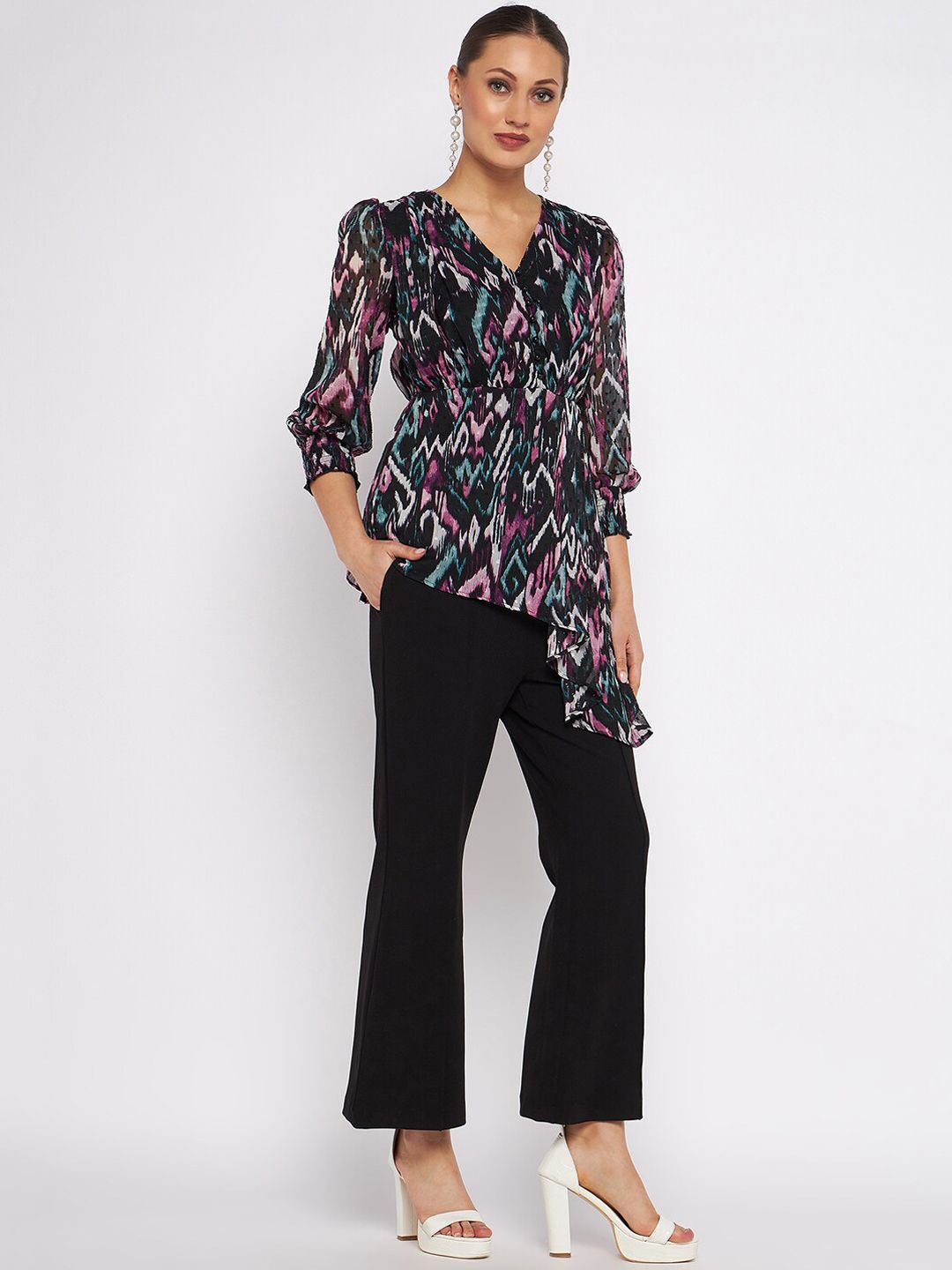 Antheaa Printed V-Neck Collar Top With Flared Trouser Co-Ords Set