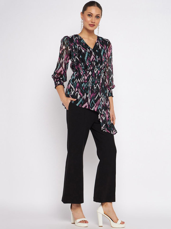 Antheaa Printed V-Neck Collar Top With Flared Trouser Co-Ords Set