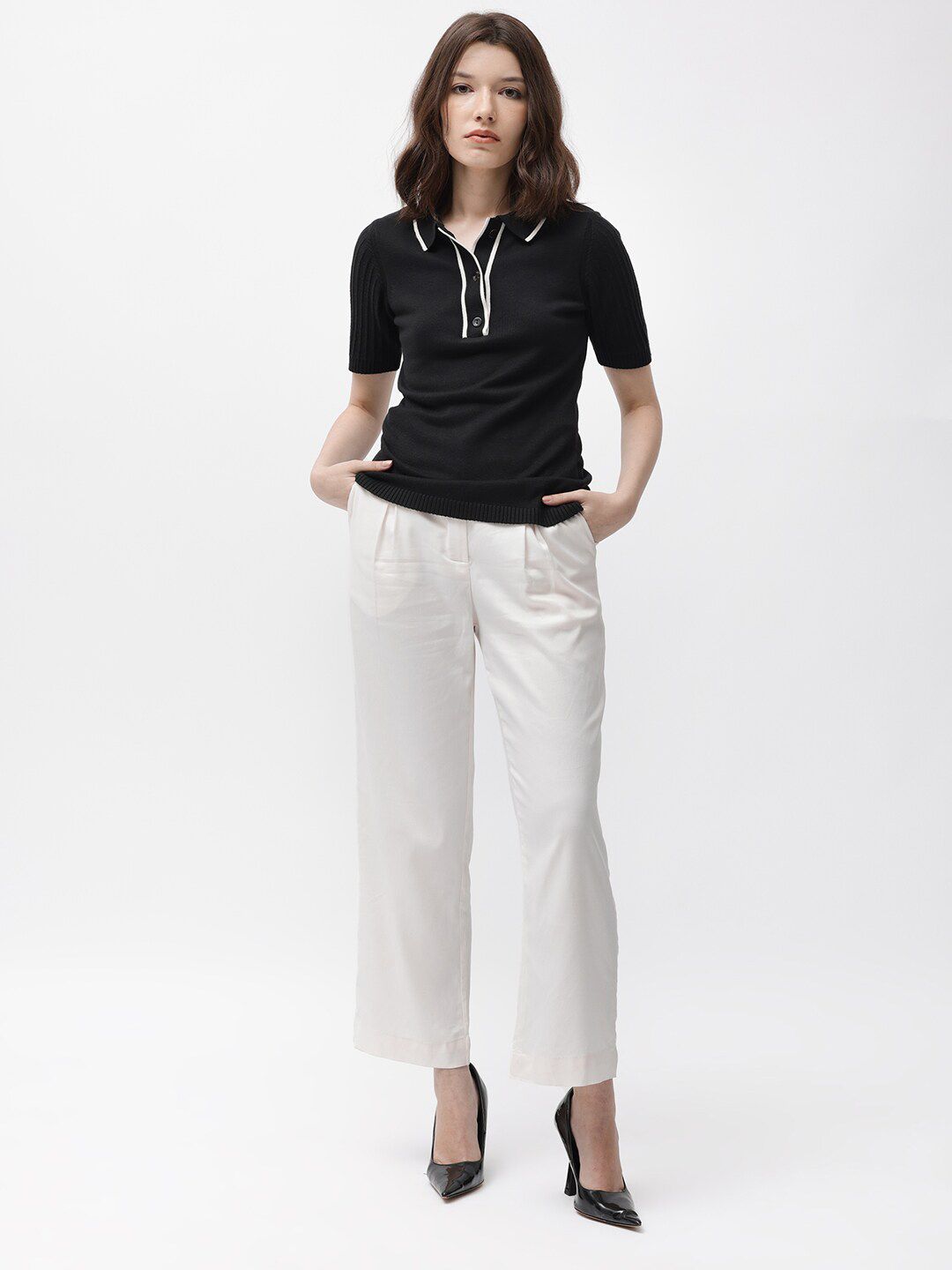 RAREISM Knitted Polo Collar Cotton T-Shirt