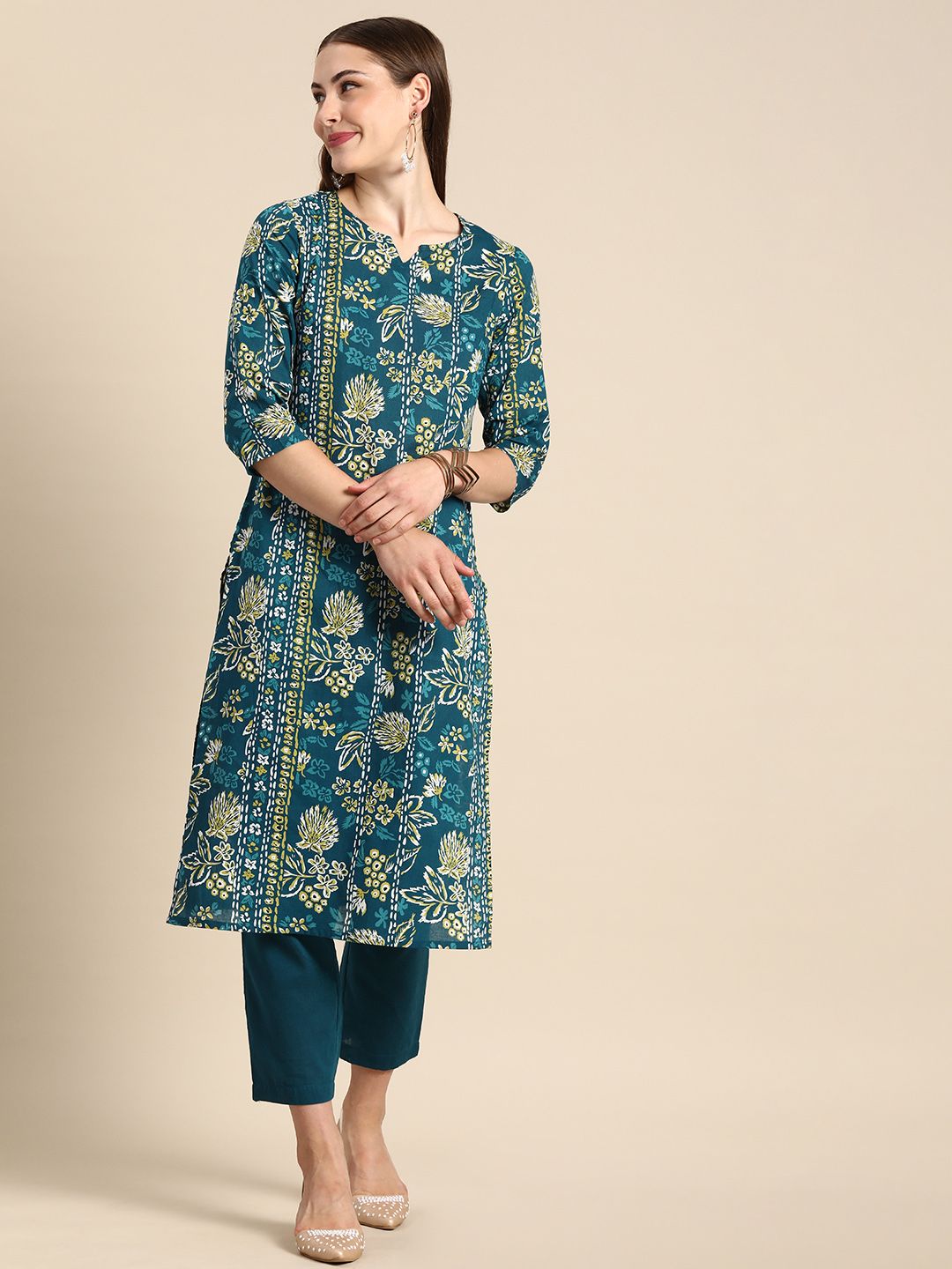 Anouk Women Floral Printed Pure Cotton Kurta with Trousers