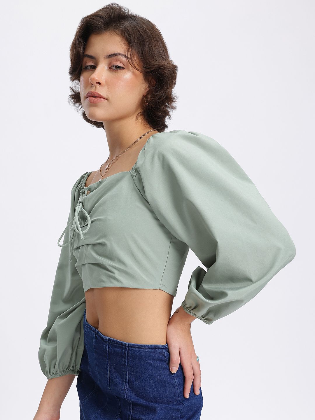DressBerry Matcha Magic Pleated Smocked Crop Top