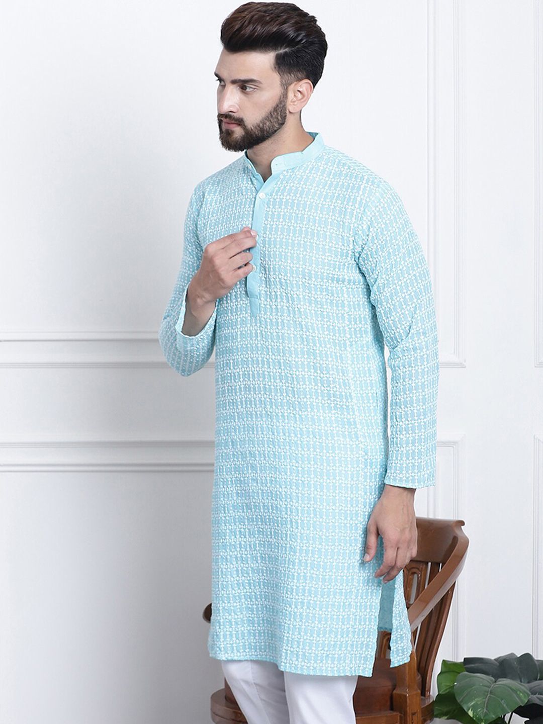 SOJANYA Kolar Mandarin Sulam Bunga Pure Cotton Kurta Lurus