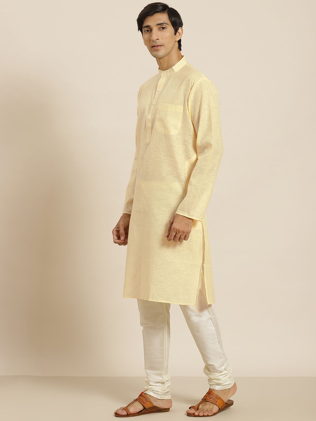 SOJANYA Men Yellow & Off White Pure Cotton Striped Kurta