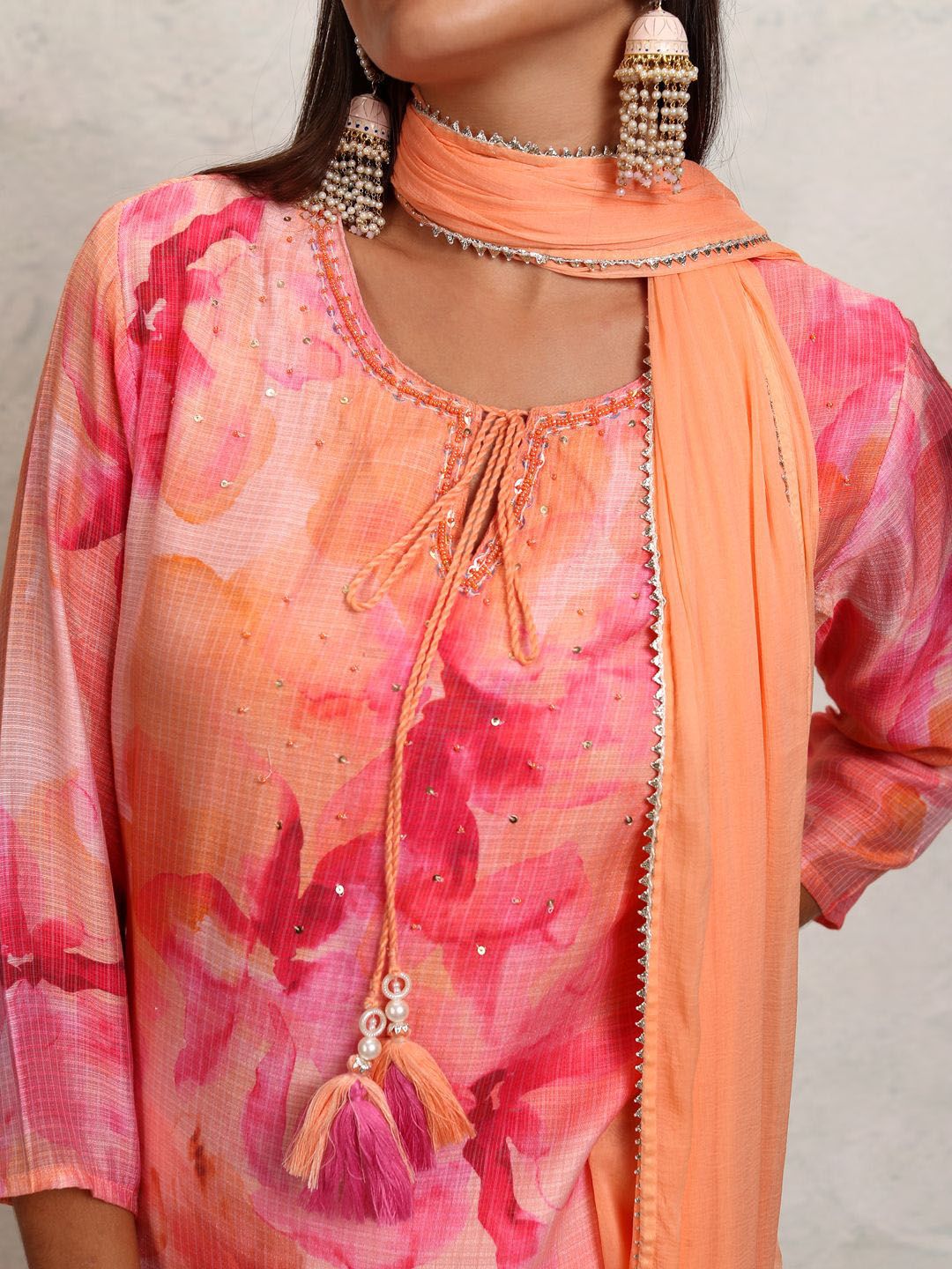 Vishudh Orange Printed Tie-Up Neck Pure Cotton Straight Kurta With Trousers & Dupatta