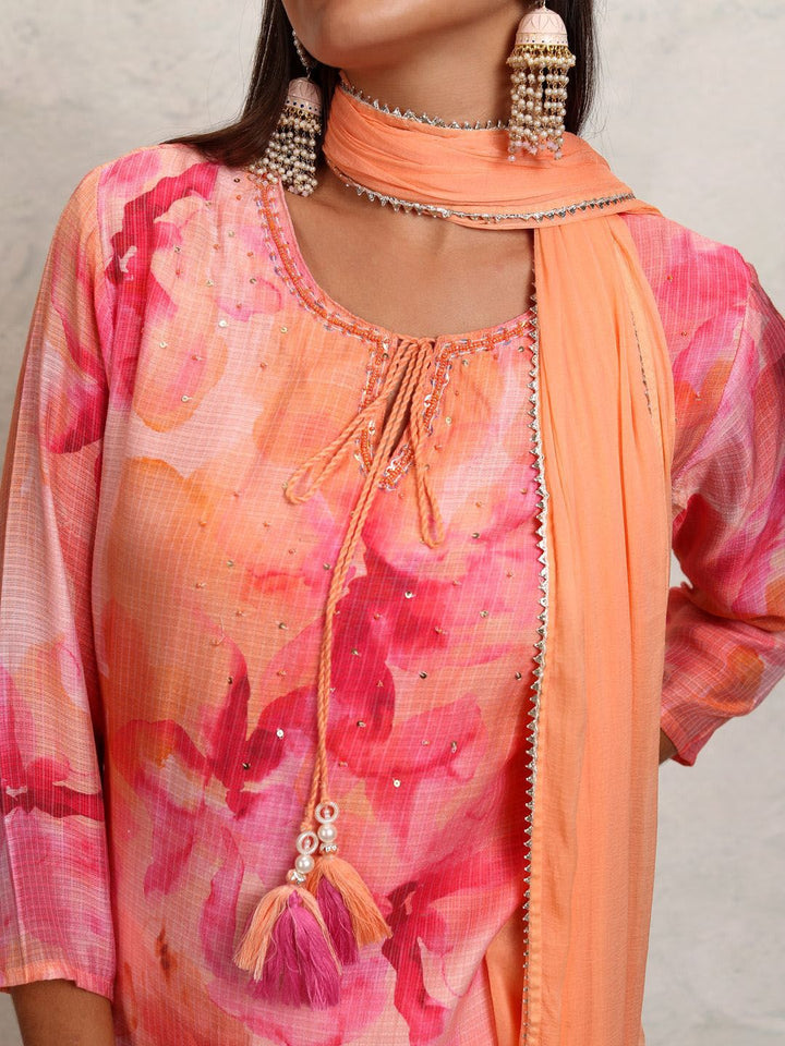 Vishudh Orange Printed Tie-Up Neck Pure Cotton Straight Kurta With Trousers & Dupatta