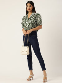 Antheaa Women Floral Lapel Copper Crop Shirt