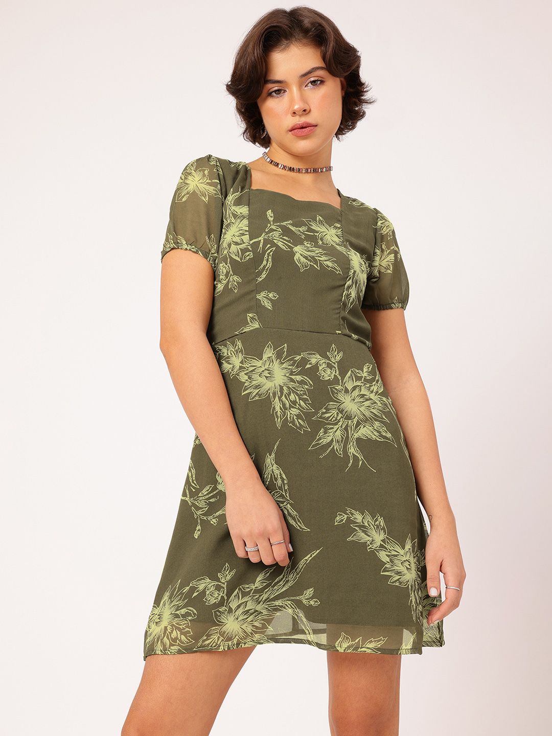 DressBerry Glam & Grunge Floral Printed Cut-Out Back A-Line Mini Dress