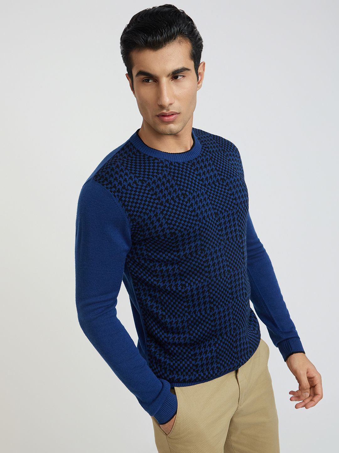 Raymond Men Blue & Black Checked Pullover