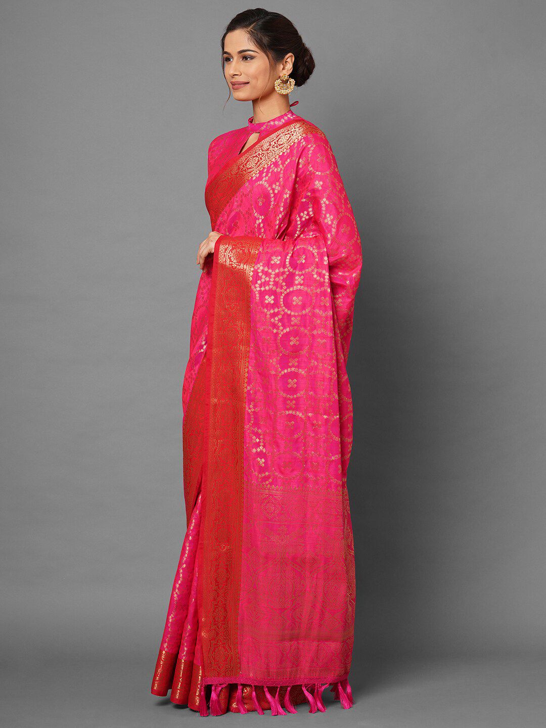Saree mall Pink & Gold-Toned Woven Design Zari Silk Blend Banarasi Sarees